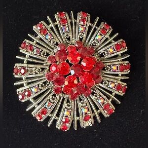 Vintage Red Rhinestone Starburst Brooch Silver Tone Firework Statement
